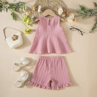 Girls Dusty Pink Stripes Sleeveless Top With Ruffle Hem Shorts Co-ord Sets Sets