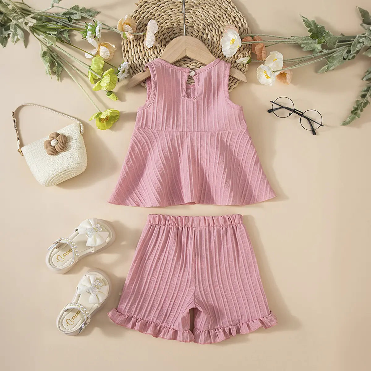 Girls Dusty Pink Stripes Sleeveless Top With Ruffle Hem Shorts Co-ord Sets Sets
