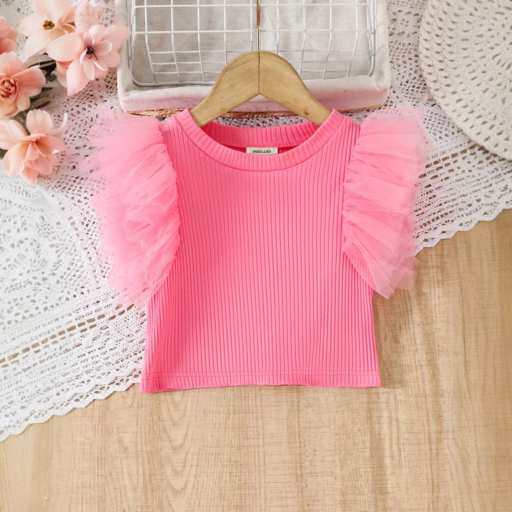 Girls Pink Crop Top With Polka Dot Printed Tulle Overlay Skirts Set Sets