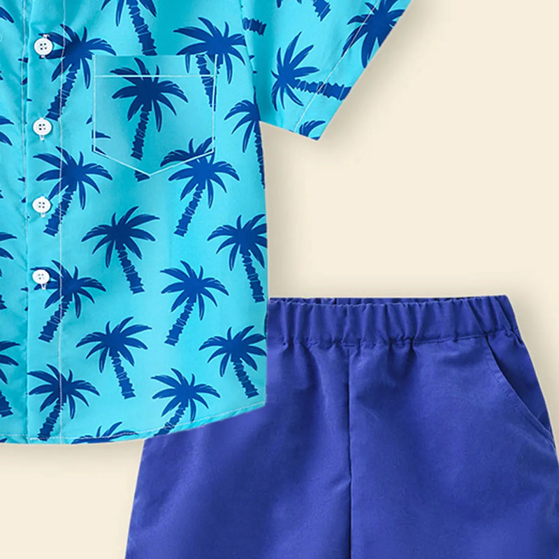 Boys Blue Tropical Print Short Sleeves Shirt With Shorts Set Sets