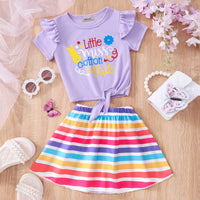 Girls Purple Printed Tie Knot Top With Stripes Skirt Set 2 pc. Sets