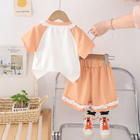 Girls Peach Printed Raglan Sleeves T-Shirt With Ruffled Shorts Set 2 pc. Sets