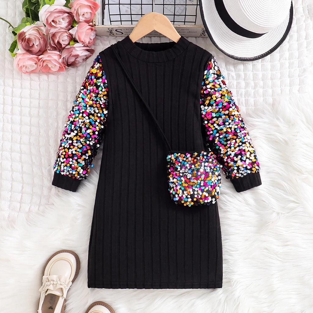 Girls Black Sequin Embellished Long Sleeve Dress Casual Dresses Black 3-4 Y