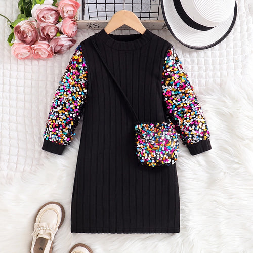 Girls Black Sequin Embellished Long Sleeve Dress Casual Dresses Black 3-4 Y