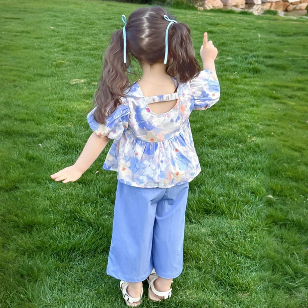 Girls Blue Floral Print Puff Sleeve Top With Pants Sets Sets