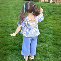 Girls Blue Floral Print Puff Sleeve Top With Pants Sets Sets
