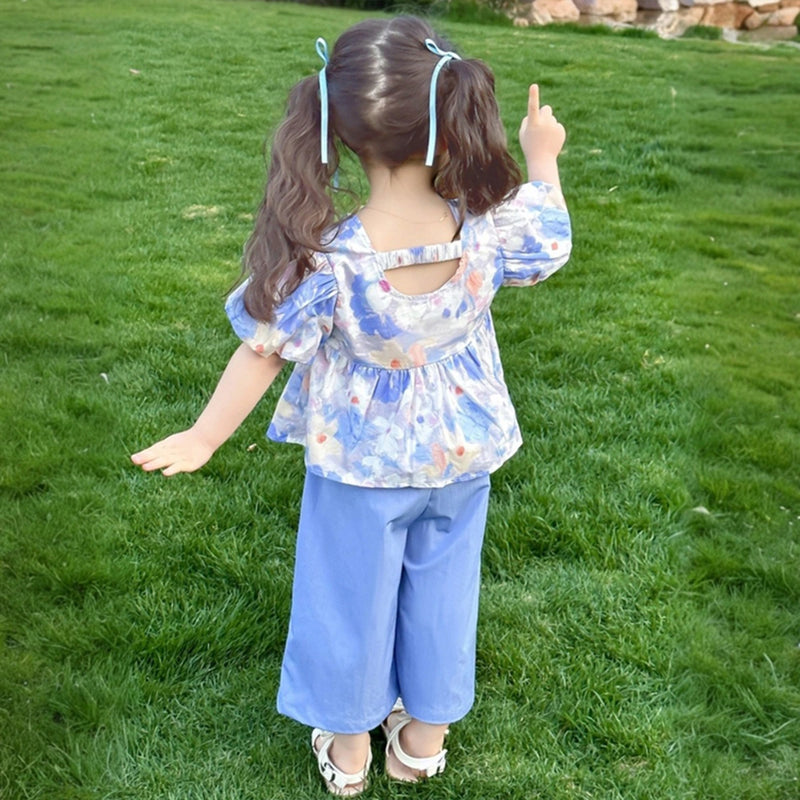 Girls Blue Floral Print Puff Sleeve Top With Pants Sets Sets