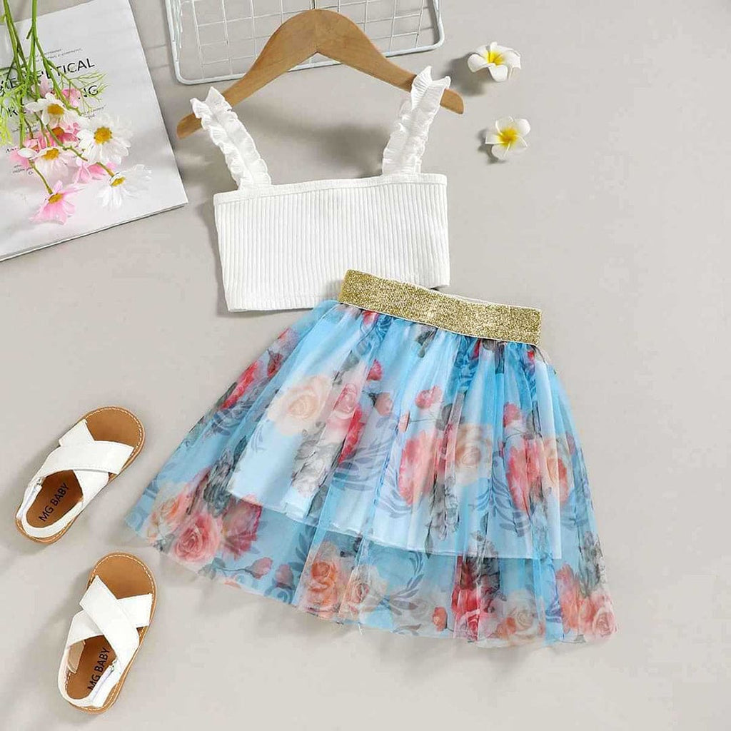 Girls Camisole Top With Golden Elasticated Printed Skirt