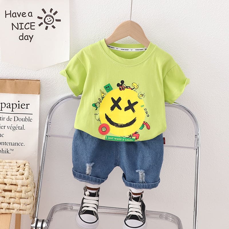 Boys Light Green Smiley Print Tshirt with Denim Bermuda Sets Light Green 1-2 Y 