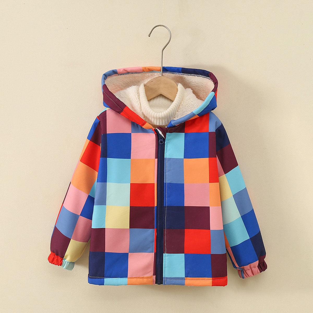 Boys Multicolor Checked Front Zipper Hooded Winter Jacket Coats & Jackets