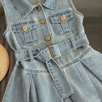 Girls Light Blue Sleeveless Belted Denim Shirt Dress Casual Dresses
