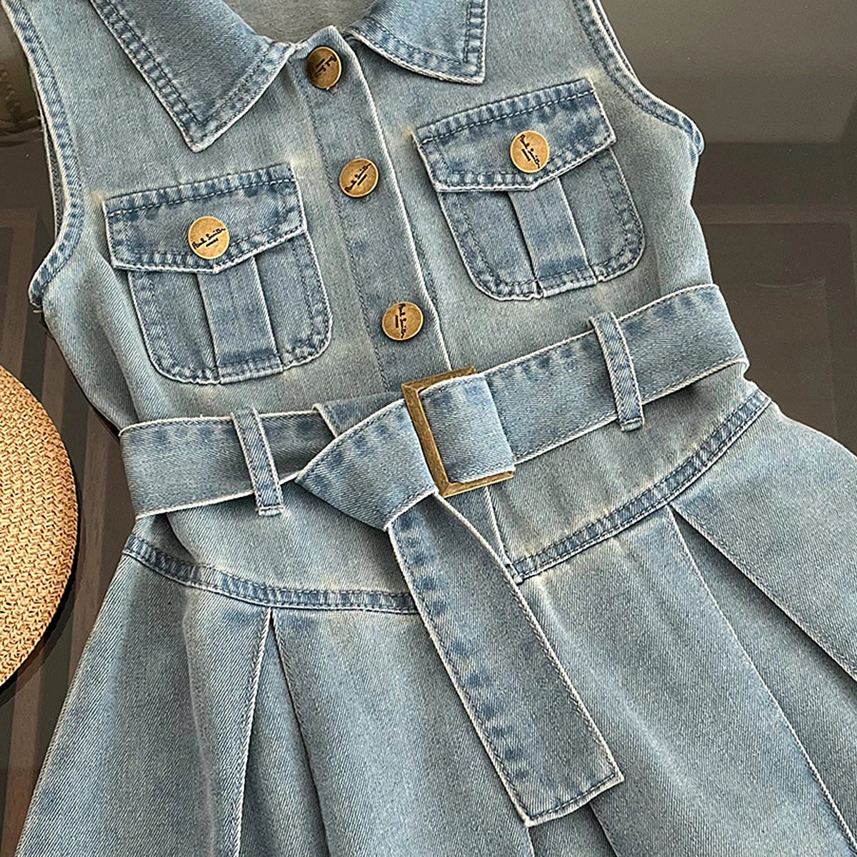 Girls Light Blue Sleeveless Belted Denim Shirt Dress Casual Dresses