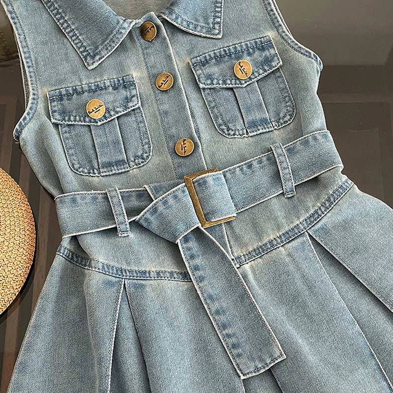 Girls Light Blue Sleeveless Belted Denim Shirt Dress Casual Dresses