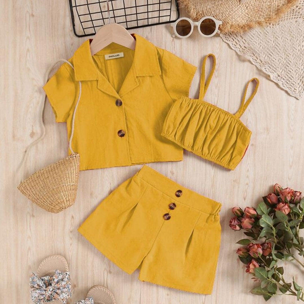 Girls Yellow Camisole Top With Crop Shirt & Shorts Set Sets Yellow 1-2 Y 