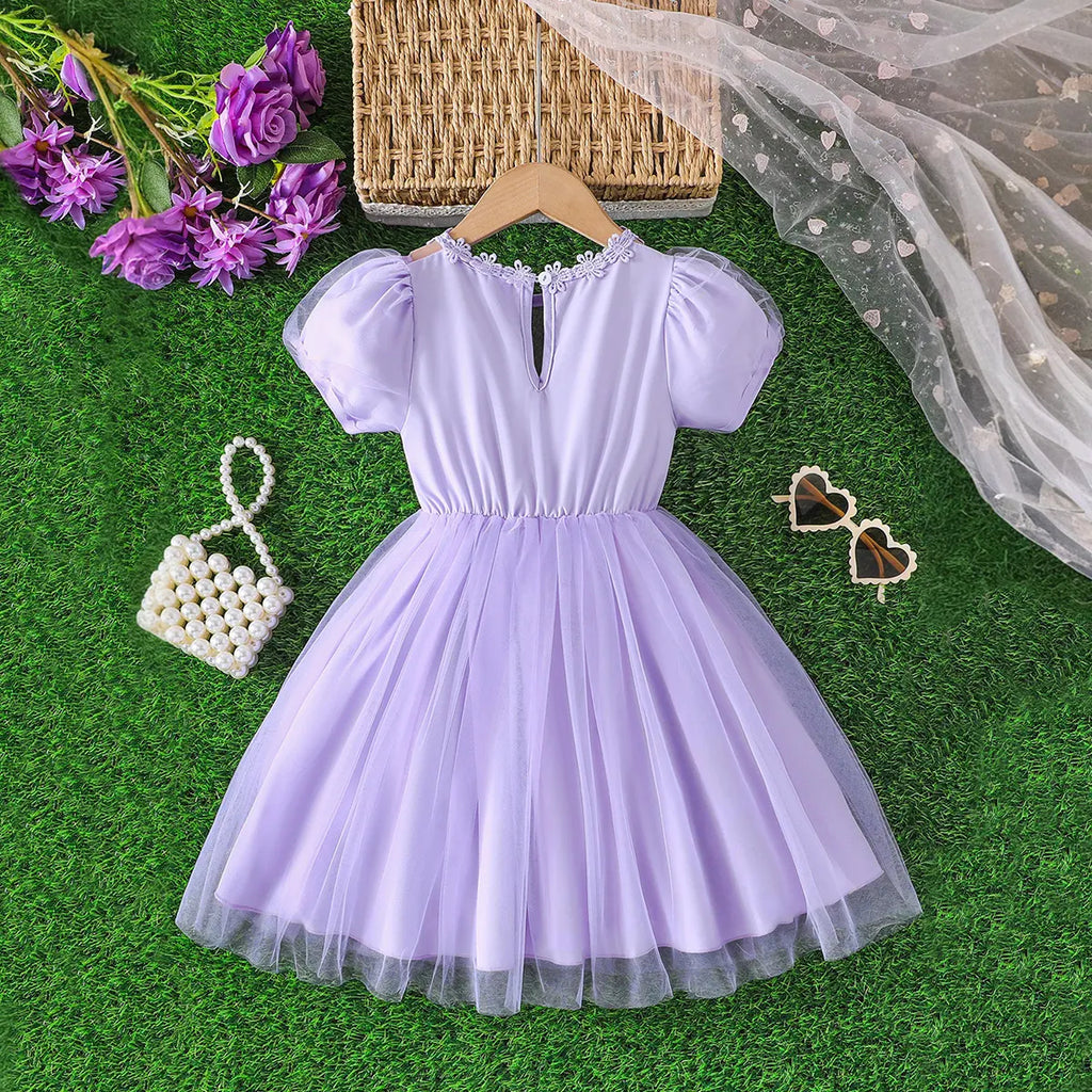 Girls Lilac Tulle Overlay Fit & Flare Dress With Puff Sleeves Casual Dresses