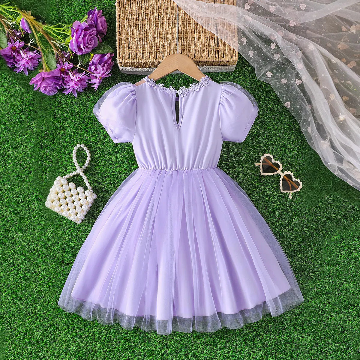 Girls Lilac Tulle Overlay Fit & Flare Dress With Puff Sleeves Casual Dresses