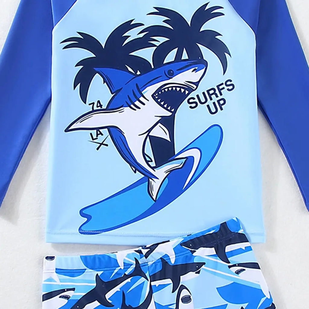 Boys Light Blue Graphics Long Sleeves T-Shirt & Shorts Swimsuit Sets Sets