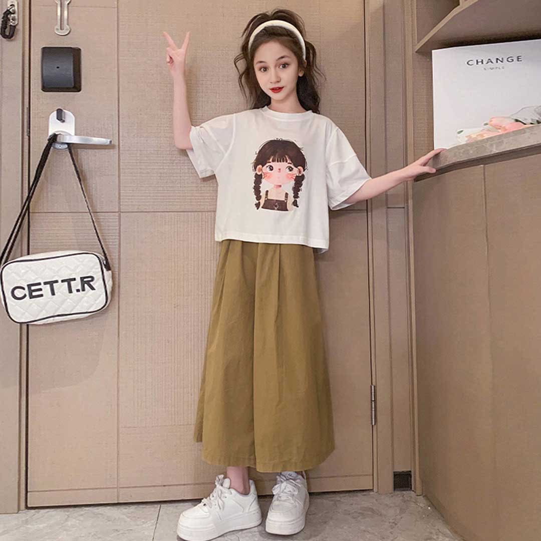 Girls Short Sleeve Graphic T-Shirt With Wide Leg Pants Set Sets   