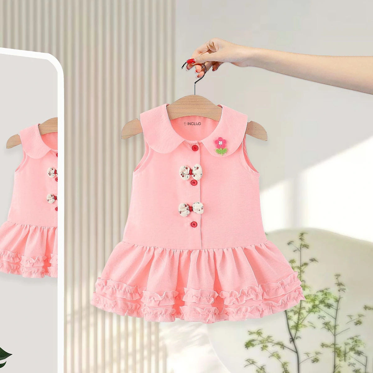 Girls Pink Peter Pan Collar Drop-Waist Dress With Bow Details Casual Dresses Pink 1-2 Y