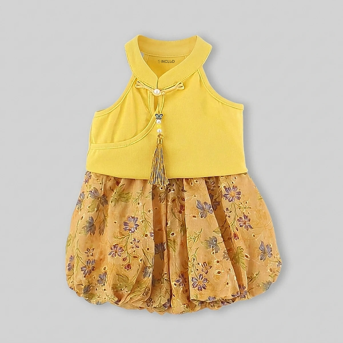 Girls Yellow Mandarin Collar Top With Floral Print Shorts Sets Sets