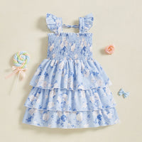 Girls Light Blue Floral Printed Flutter Sleeve Smocked Tiered Dress Casual Dresses Light Blue 3-4 Y
