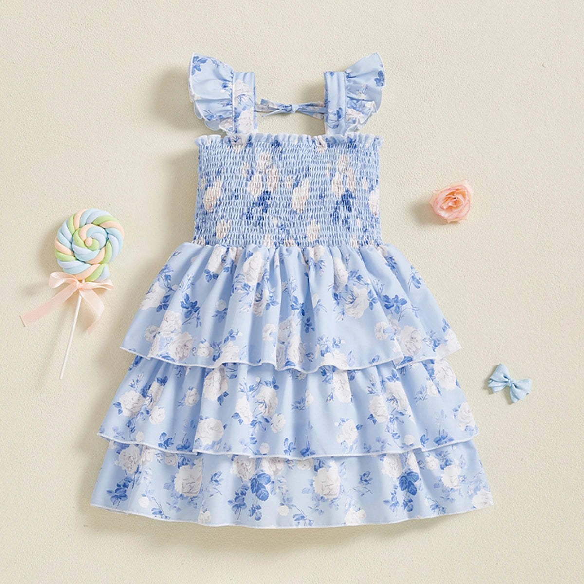 Girls Light Blue Floral Printed Flutter Sleeve Smocked Tiered Dress Casual Dresses Light Blue 3-4 Y
