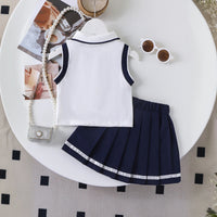 Girls Heart Embroidered Polo Top With Navy Blue Pleated Skirt Sets 2 pc. Sets