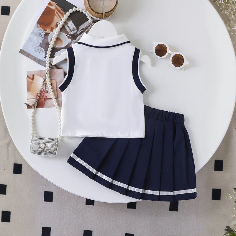 Girls Heart Embroidered Polo Top With Navy Blue Pleated Skirt Sets 2 pc. Sets