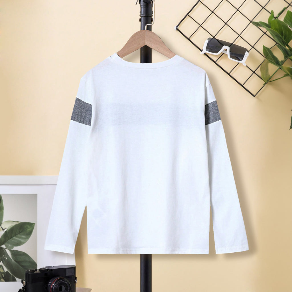 Boys White Long Sleeve Round Neck Color-blocked T-Shirt Tshirts