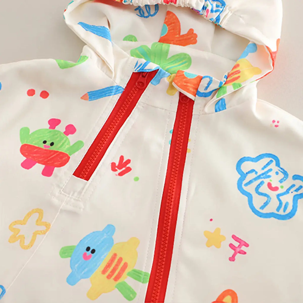 Girls Off White Printed Hooded Zipper Jacket Coats & Jackets