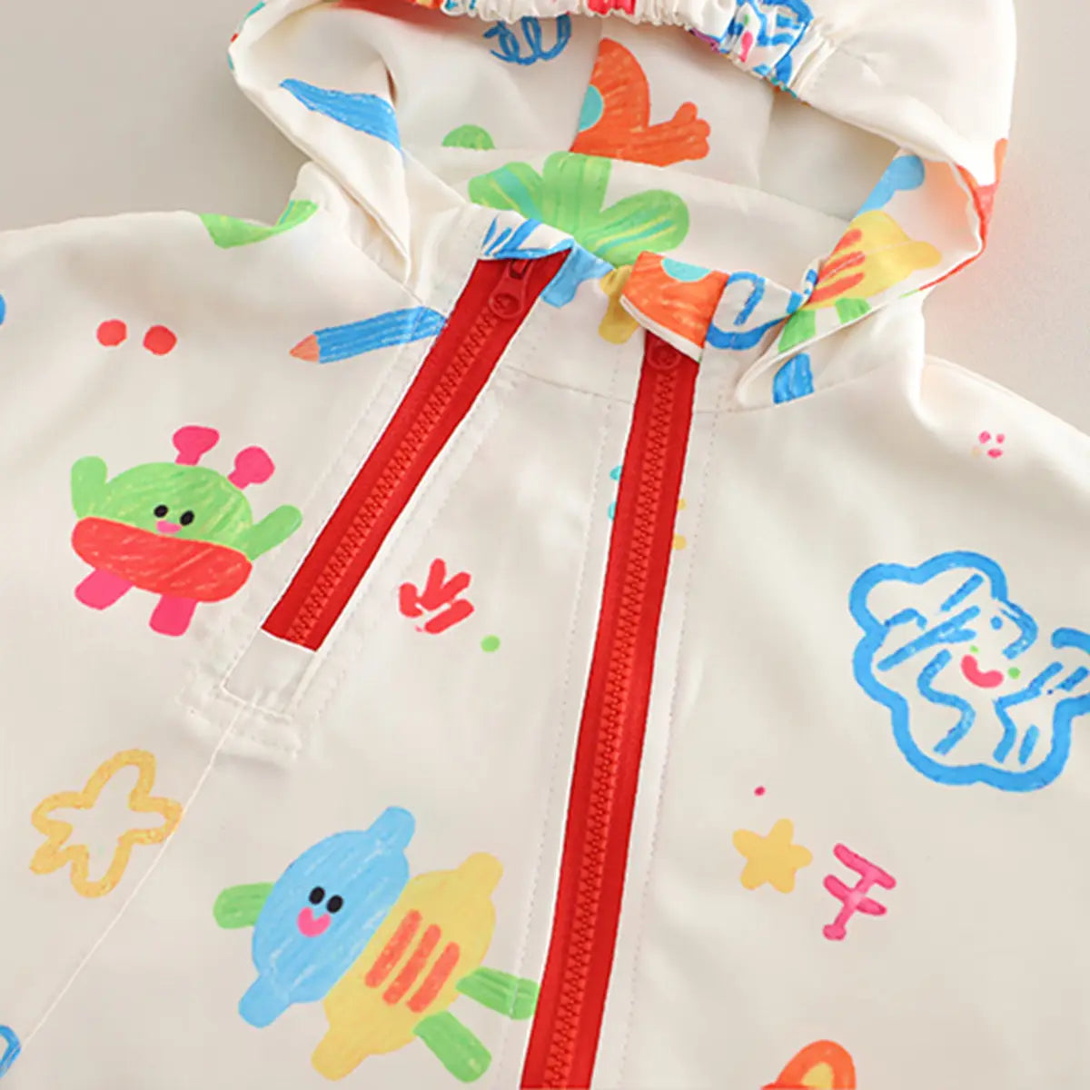 Girls Off White Printed Hooded Zipper Jacket Coats & Jackets