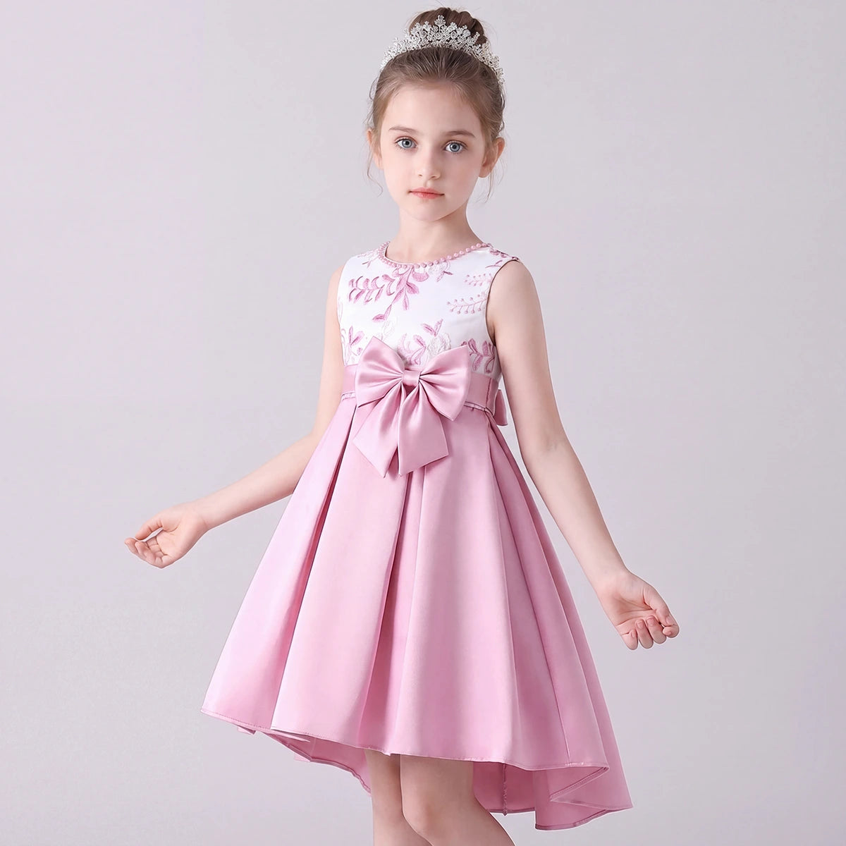 Girls Pink Embroidered Sleeveless High-Low Party Wear Dress Party Dresses Pink 3-4 Y