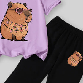 Girls Purple Capybara Printed T-Shirt With Flared Pants Sets Sets