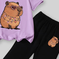 Girls Purple Capybara Printed T-Shirt With Flared Pants Sets Sets