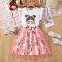 Girls Graphic Printed T-Shirt With Floral Skirt Set Sets White 7-8 Y 