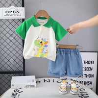 Boys Green Dinosaur Printed Short Sleeve Polo T-Shirt With Denim Shorts Sets 2 pc. Sets Green 1-2 Y