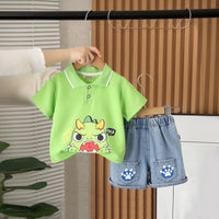 Boys Green Cartoon Graphic Polo T-Shirt With Denim Shorts Set 2 pc. Sets Green 1-2 Y