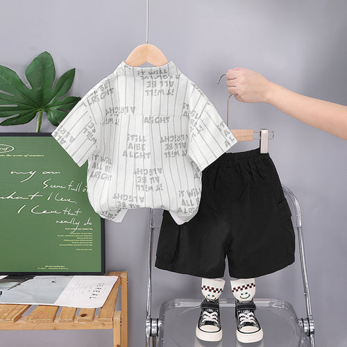 Boys Contrast Pocket Striped Shirt With Black Cargo Shorts Set 2 pc. Sets