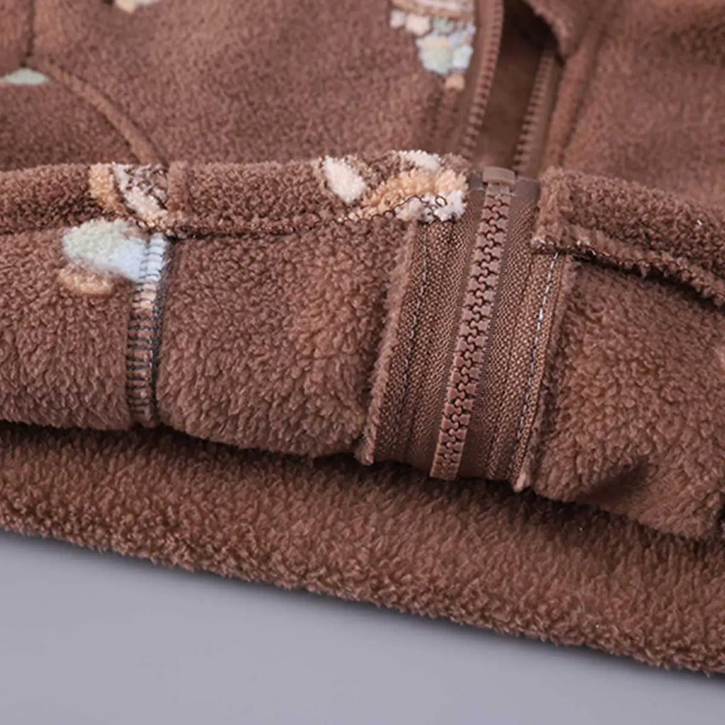 Boys Brown Printed Fleece Hooded Zipper Jacket With Vest & Jogger Sets Sets