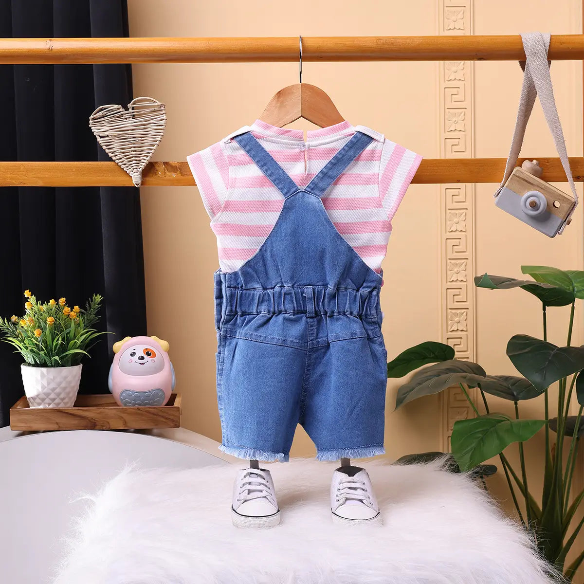 Girls Pink Stripe T-Shirt With Heart Embroidered Dungaree Sets 2 pc. Sets