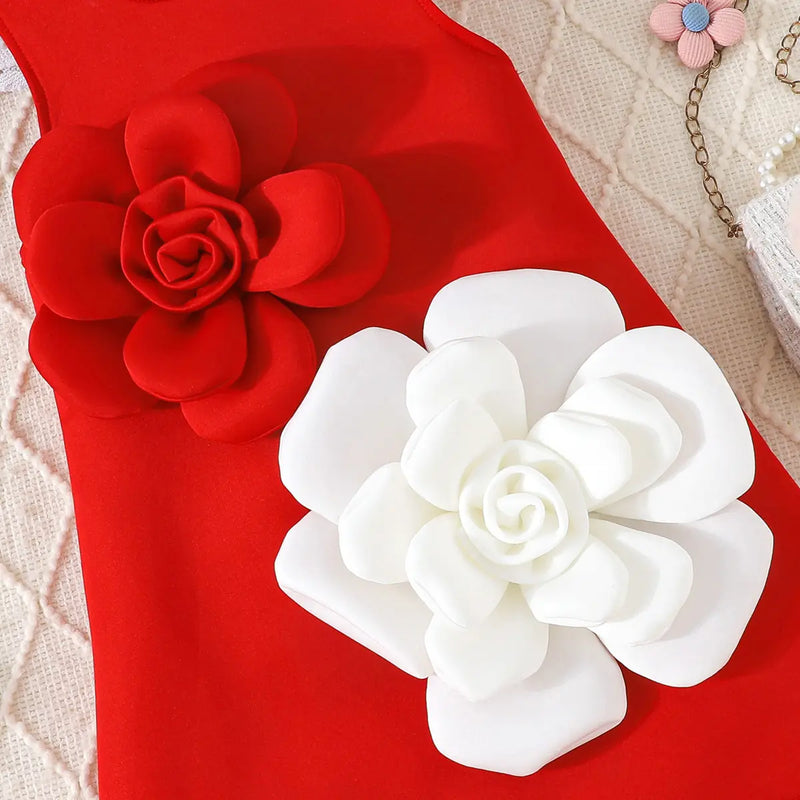 Girls Red Sleeveless A-line Dress With Large 3D Flowers Applique Casual Dresses