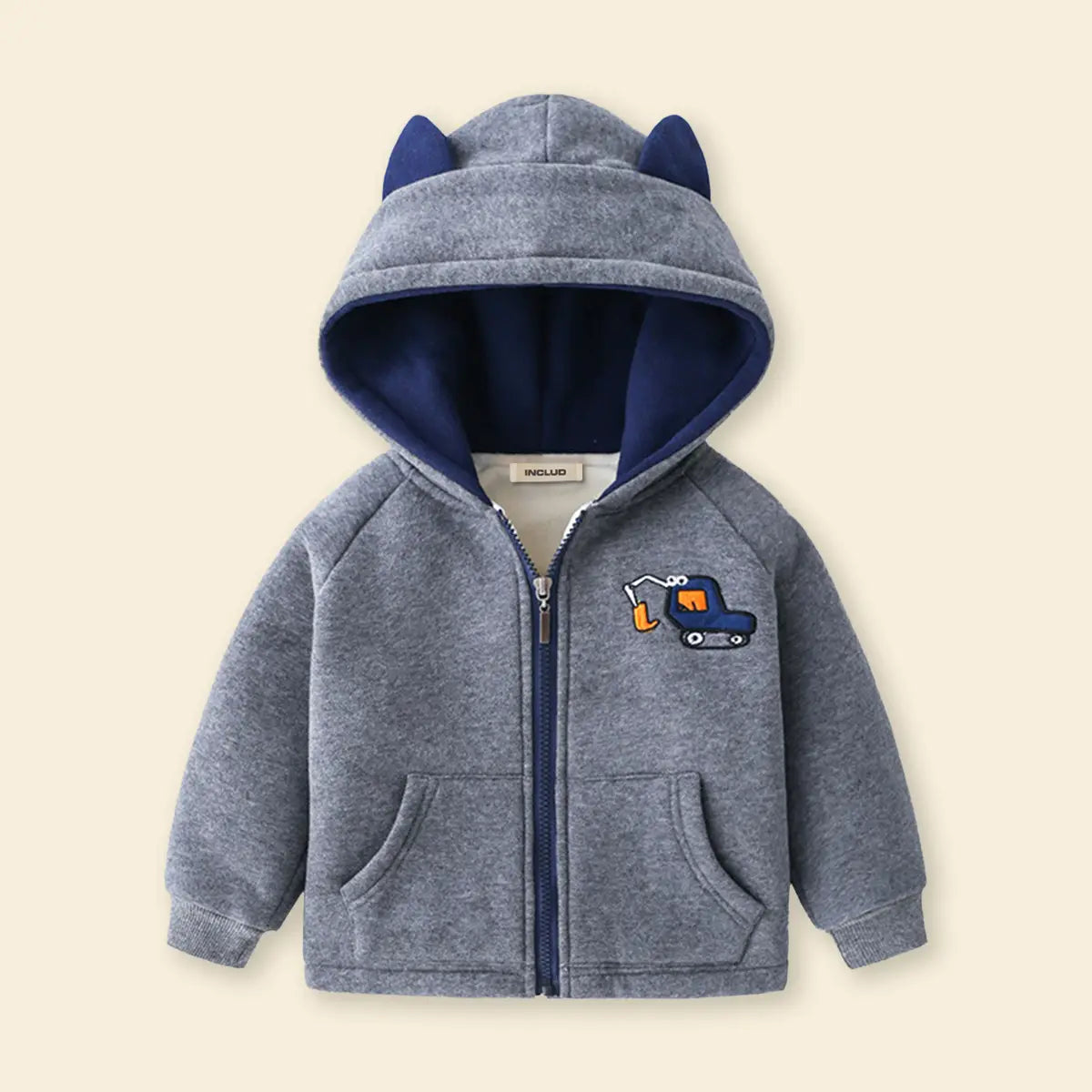 Boys Grey Crane Cartoon Embroidered Zip-up Hoodie Sweatshirts & Hoodies