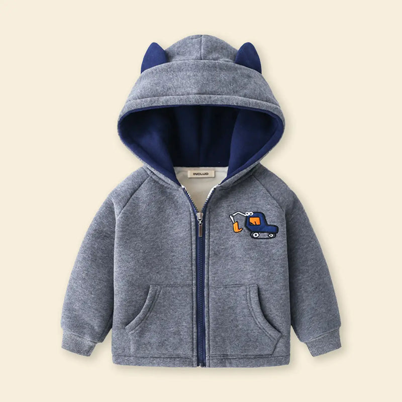 Boys Grey Crane Cartoon Embroidered Zip-up Hoodie Sweatshirts & Hoodies