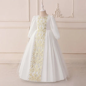 Girls White Embroidered Puff Sleeves Maxi Dress Casual Dresses