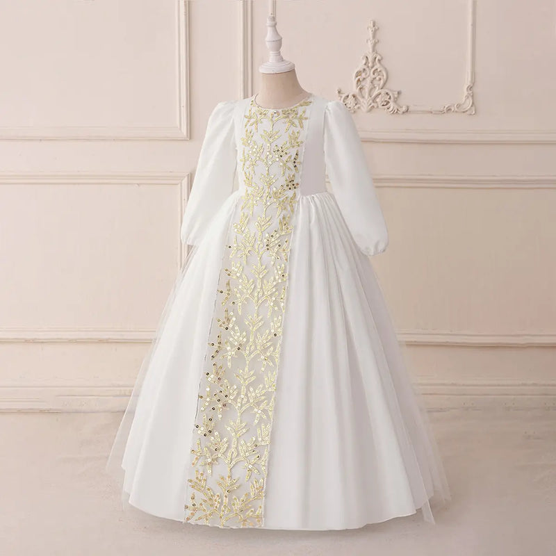 Girls White Embroidered Puff Sleeves Maxi Dress Casual Dresses