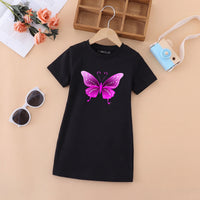 Girls Black Butterfly Print Short Sleeve T-Shirt Dress Casual Dresses Black 4-5 Y