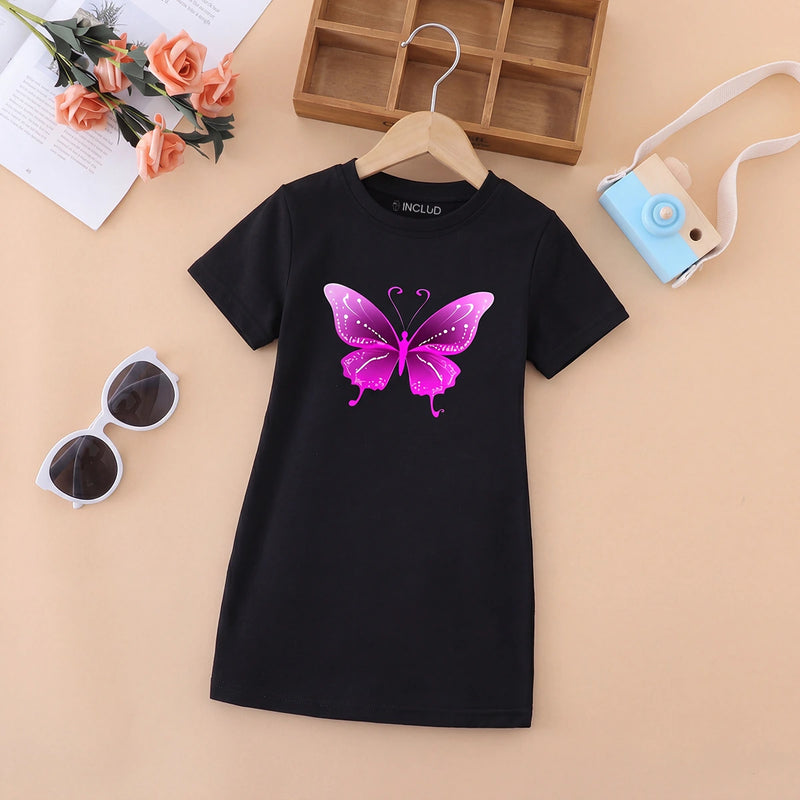 Girls Black Butterfly Print Short Sleeve T-Shirt Dress Casual Dresses Black 4-5 Y