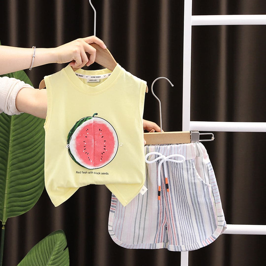 Boys Yellow Watermelon Print T-Shirt With Striped Shorts Sets Yellow 1-2 Y 