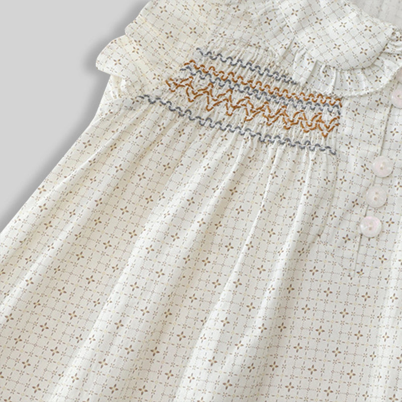 Girls Off White Embroidered Peter Pan Collar A-line Dress Casual Dresses