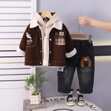 Boys Long Sleeves Dark Brown Jacket With Sweatshirt And Pants Sets
